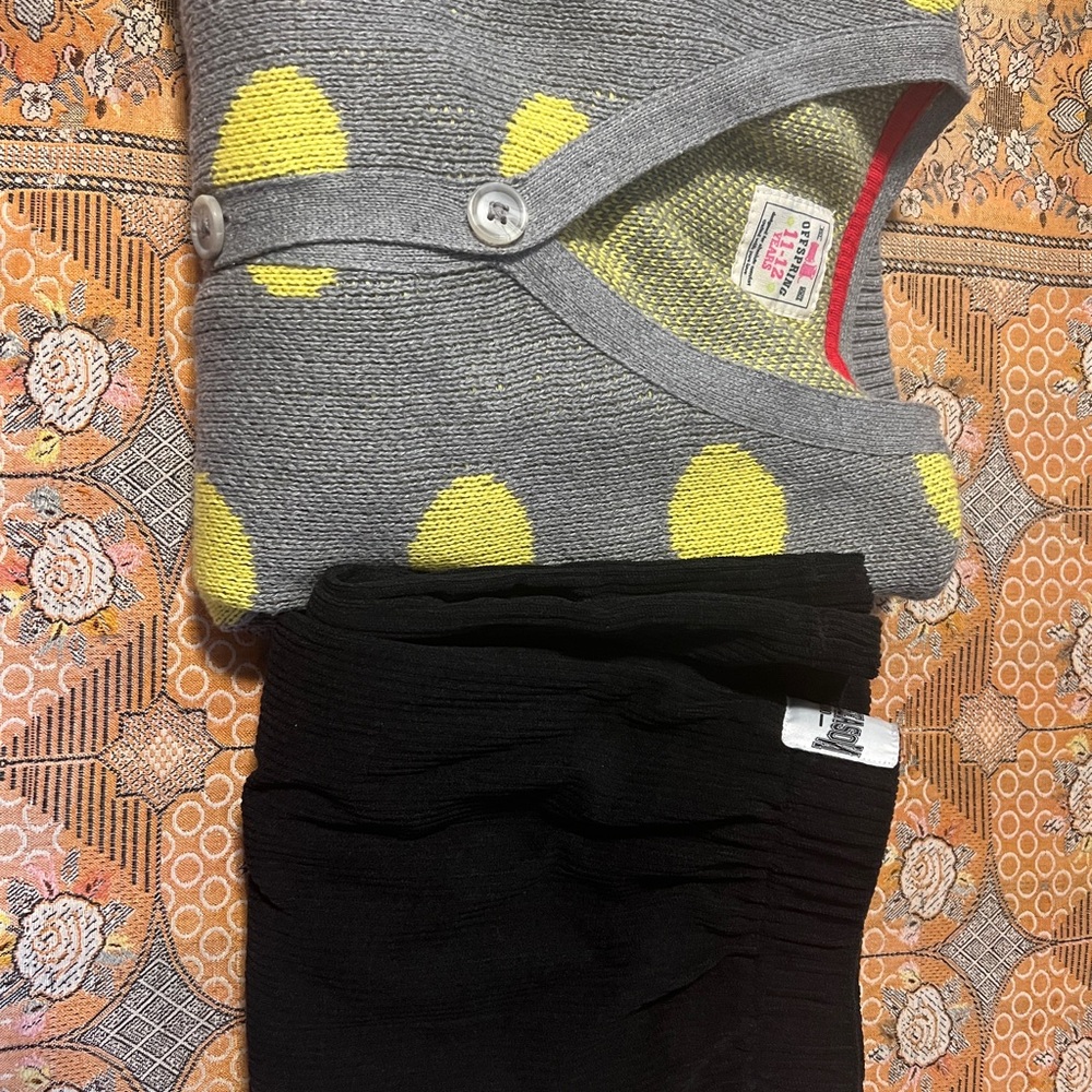 Gray and Yellow Polka Dot Cardigan with Black Pants